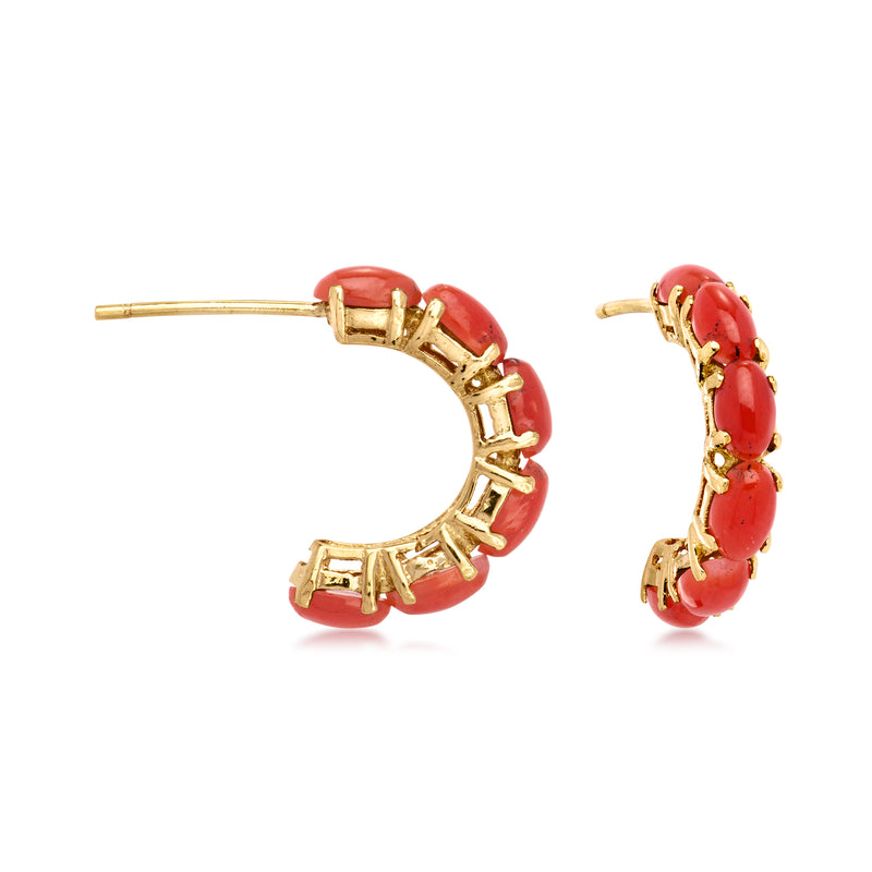 14kt yellow gold post earrings with curved coral-red cabochons and red accents