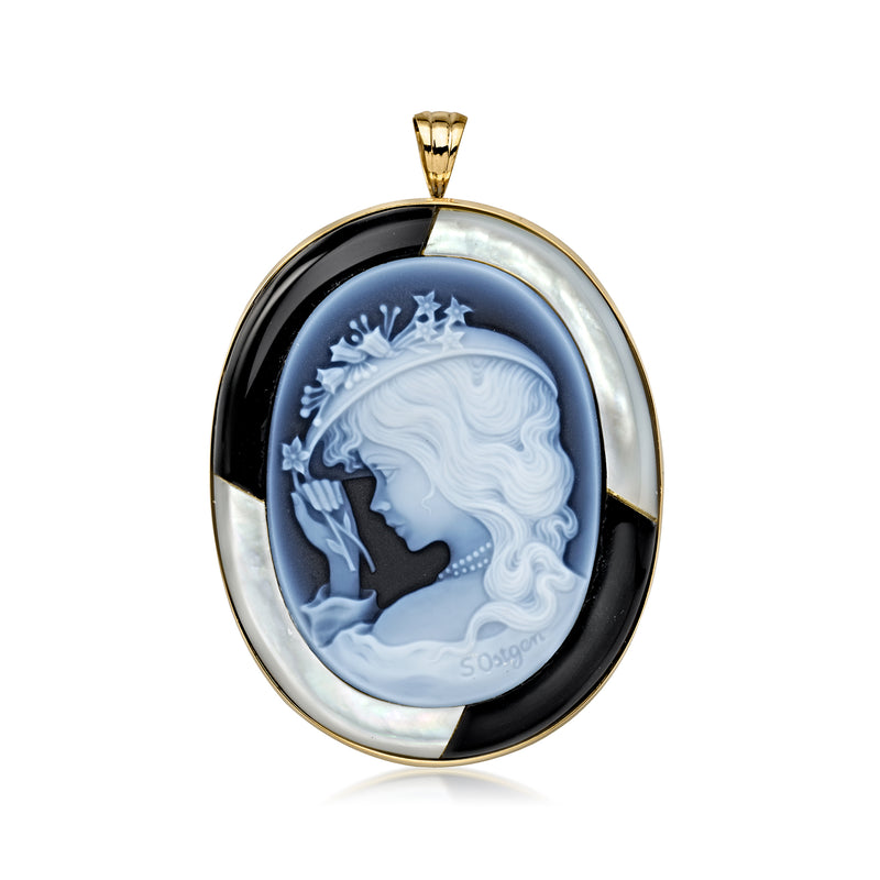 C. 1980 Vintage Black Agate, Onyx and Mother-of-Pearl Cameo Pin/Pendant in 18kt Yellow Gold