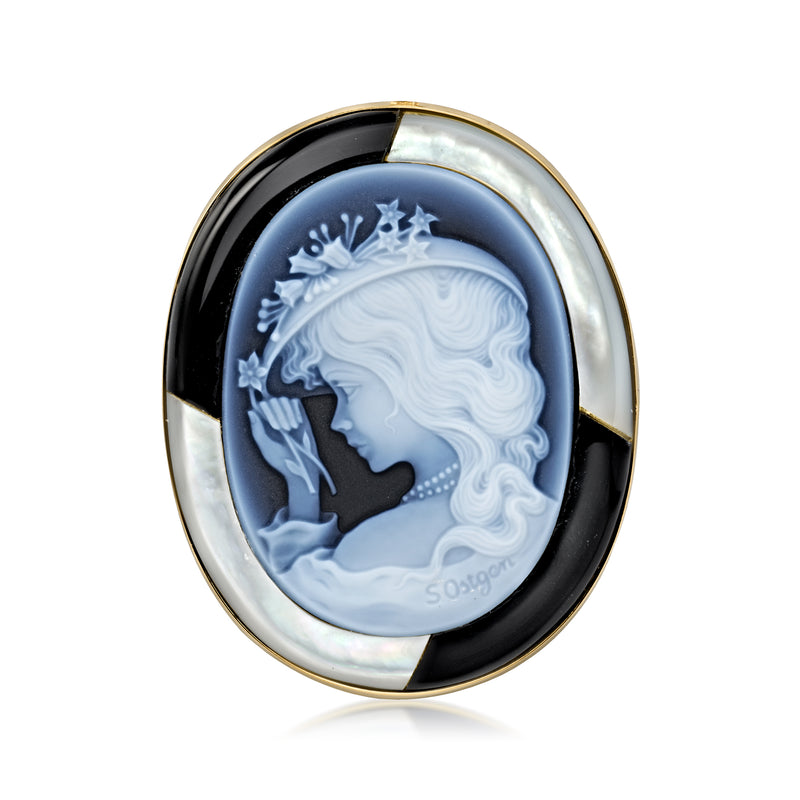 C. 1980 Vintage Black Agate, Onyx and Mother-of-Pearl Cameo Pin/Pendant in 18kt Yellow Gold