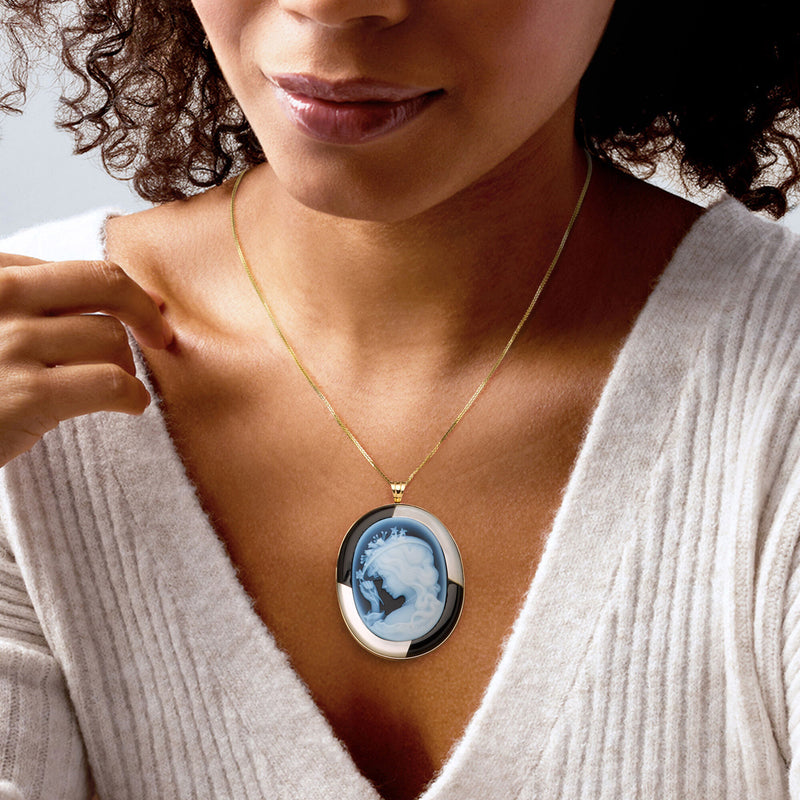 C. 1980 Vintage Black Agate, Onyx and Mother-of-Pearl Cameo Pin/Pendant in 18kt Yellow Gold