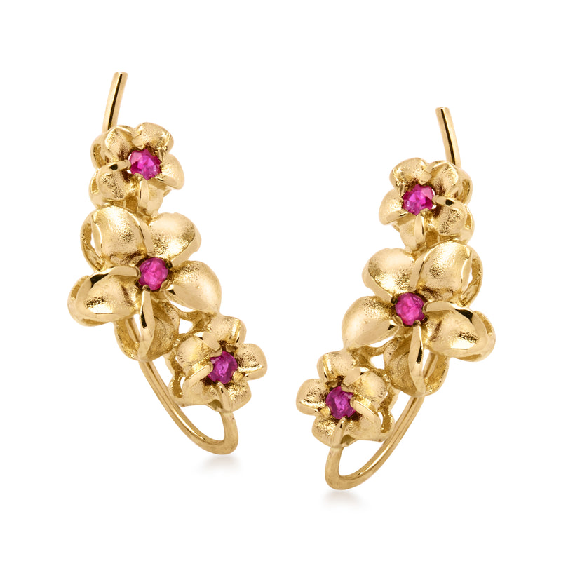 14kt yellow gold flower ear climber earrings with pink gemstone clusters