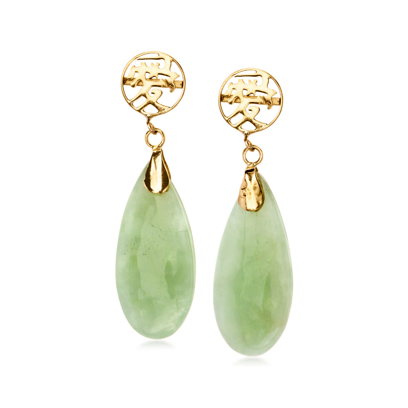 14kt yellow gold drop earrings with jade teardrop dangles and symbol tops