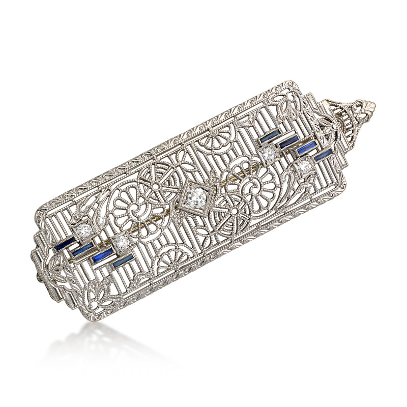 C. 1950 Vintage .28 ct. t.w. Diamond and .25 ct. t.w. Synthetic Sapphire Filigree Pin/Pendant in Platinum and 14kt White Gold