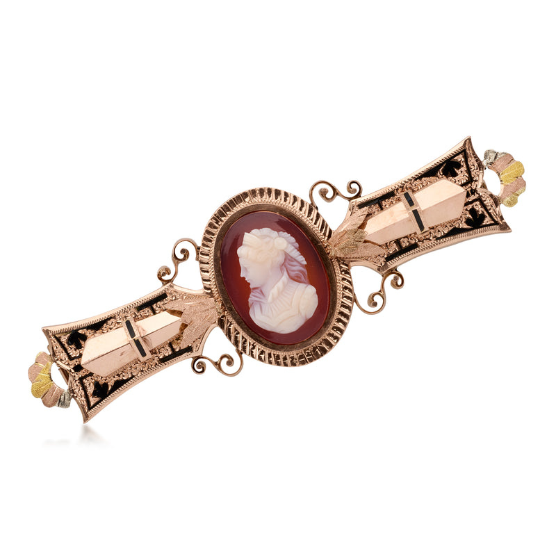 C. 1900 Vintage Red Agate Cameo Bar Pin with Black Enamel in 14kt Rose Gold