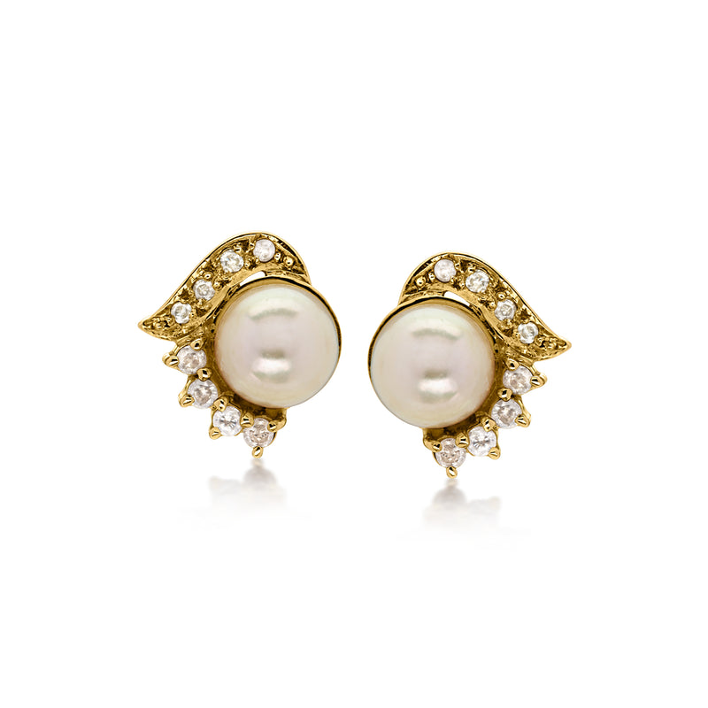 C. 1990 Vintage 7mm Cultured Pearl Earrings with .16 ct. t.w. Diamonds in 14kt Yellow Gold