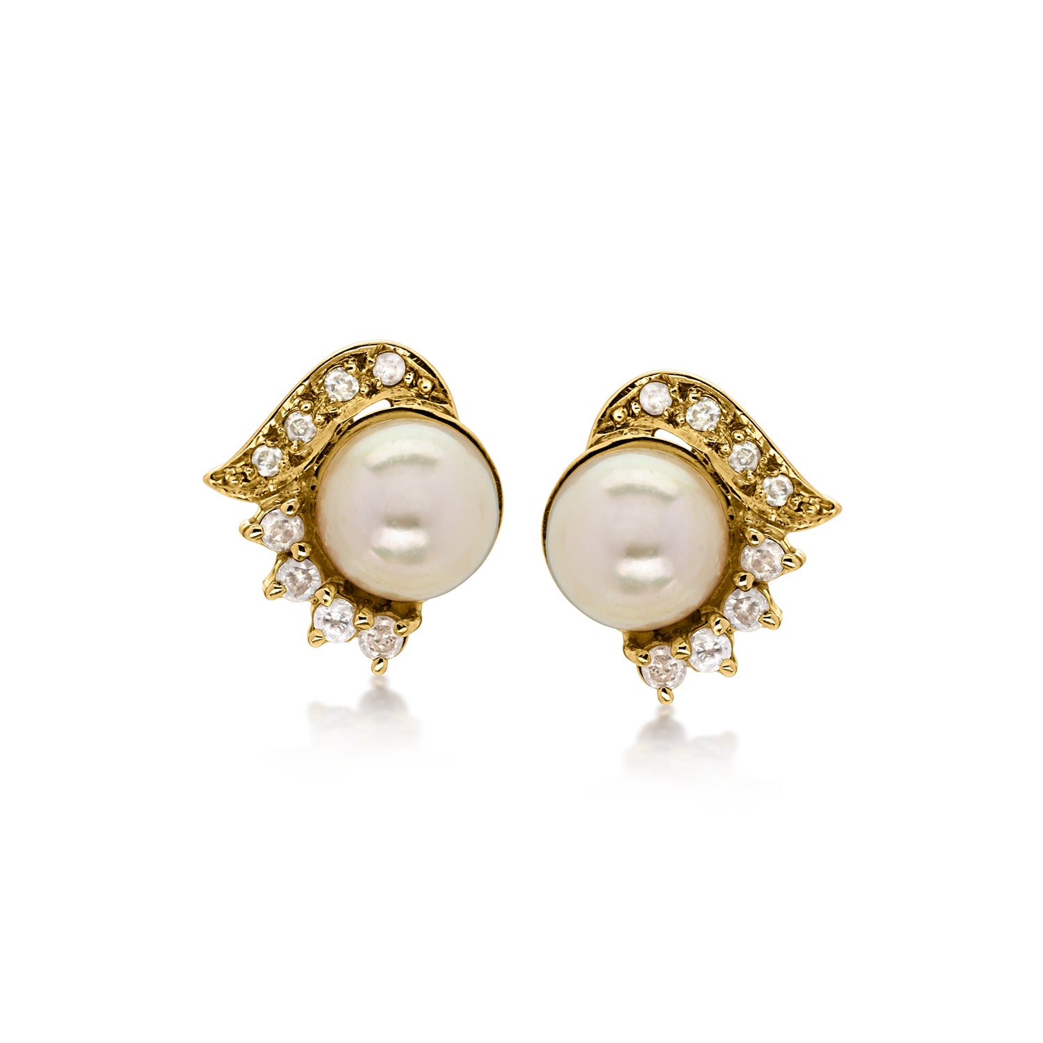 C. 1990 Vintage 7mm Cultured Pearl Earrings with .16 ct. t.w. Diamonds in 14kt Yellow Gold
