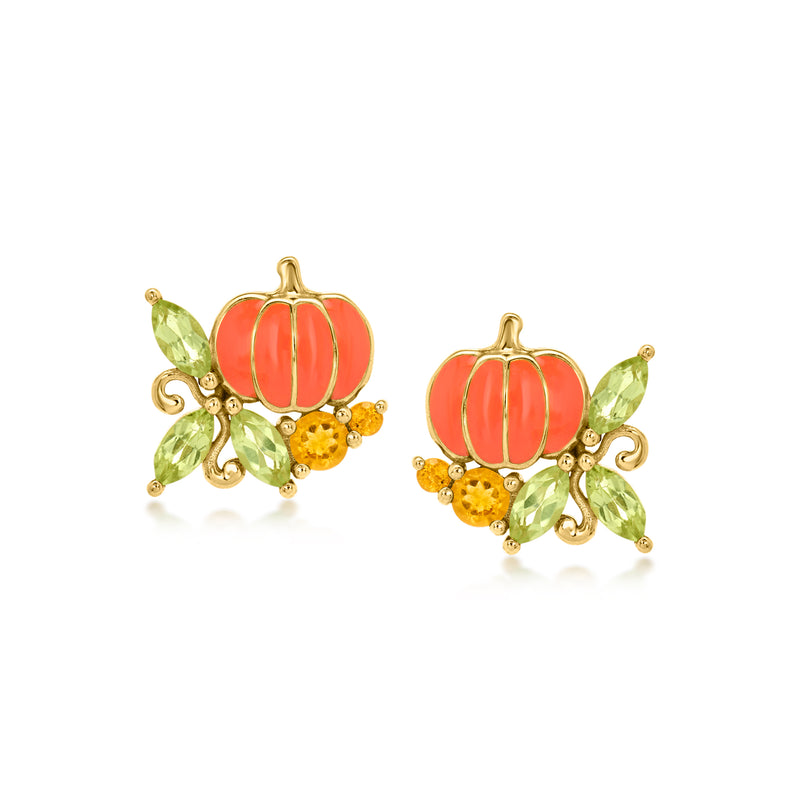 .50 ct. t.w. Peridot and .10 ct. t.w. Citrine Pumpkin Earrings with Orange Enamel in 18kt Gold Over Sterling