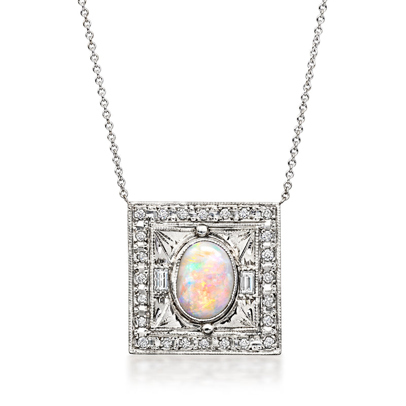 C. 2000 Vintage Opal and .60 ct. t.w. Diamond Square Necklace in Platinum and 14kt White Gold. 16.5"