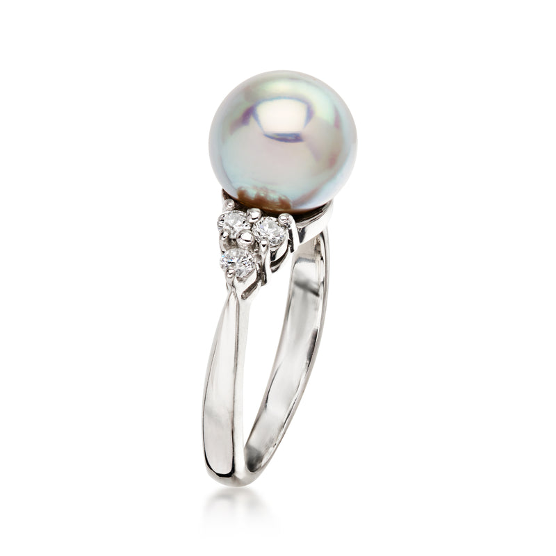 C. 1990 Vintage 8.5mm Cultured Pearl Ring with .20 ct. t.w. Diamonds in Platinum. Size 5