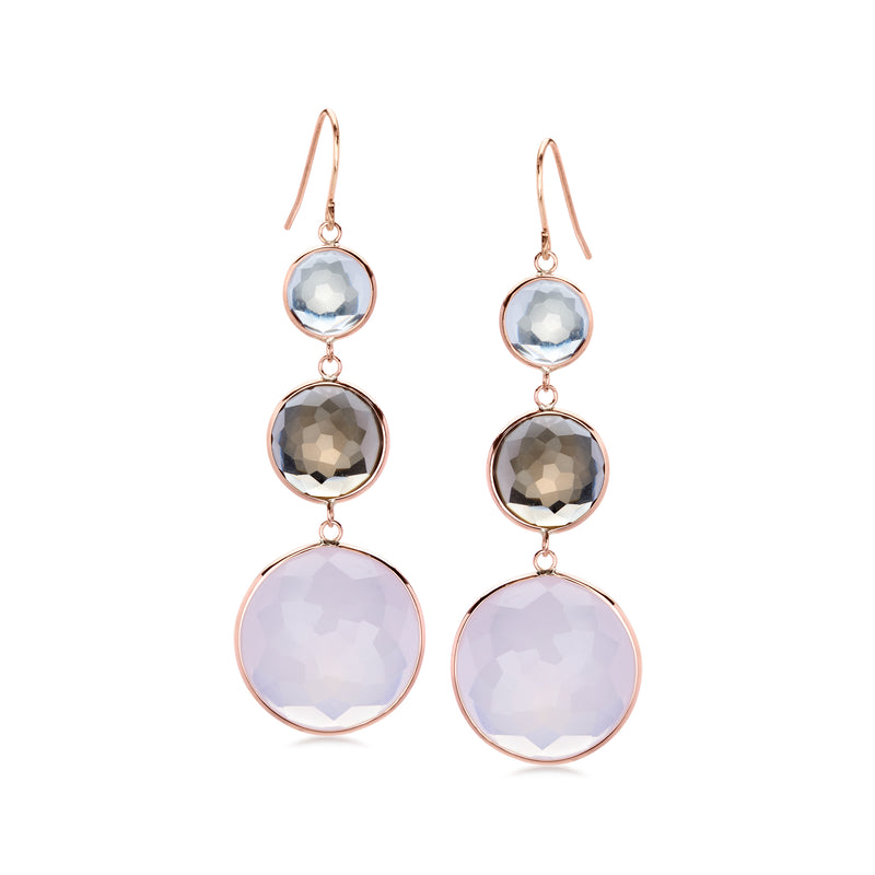 C. 2000 Vintage 36.00 ct. t.w. Smoky and Rose Quartz Drop Earrings with 5.40 ct. t.w. Rock Crystal in 14kt Rose Gold