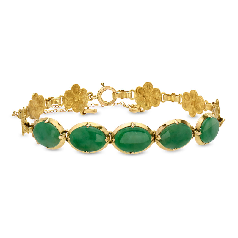 C. 1960 Vintage Jade Floral Bracelet in 14kt and 20kt Yellow Gold. 7"