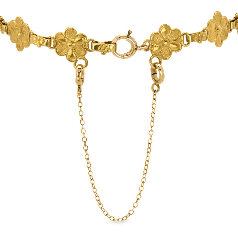 C. 1960 Vintage Jade Floral Bracelet in 14kt and 20kt Yellow Gold. 7"