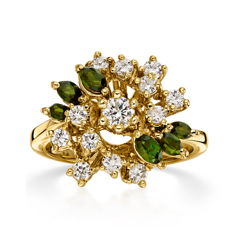C. 2000 Vintage .75 ct. t.w. Green Tourmaline and .75 ct. t.w. Diamond Swirl Ring in 14kt Yellow Gold. Size 6.25