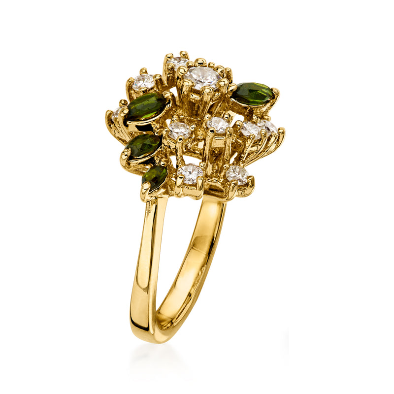 C. 2000 Vintage .75 ct. t.w. Green Tourmaline and .75 ct. t.w. Diamond Swirl Ring in 14kt Yellow Gold. Size 6.25