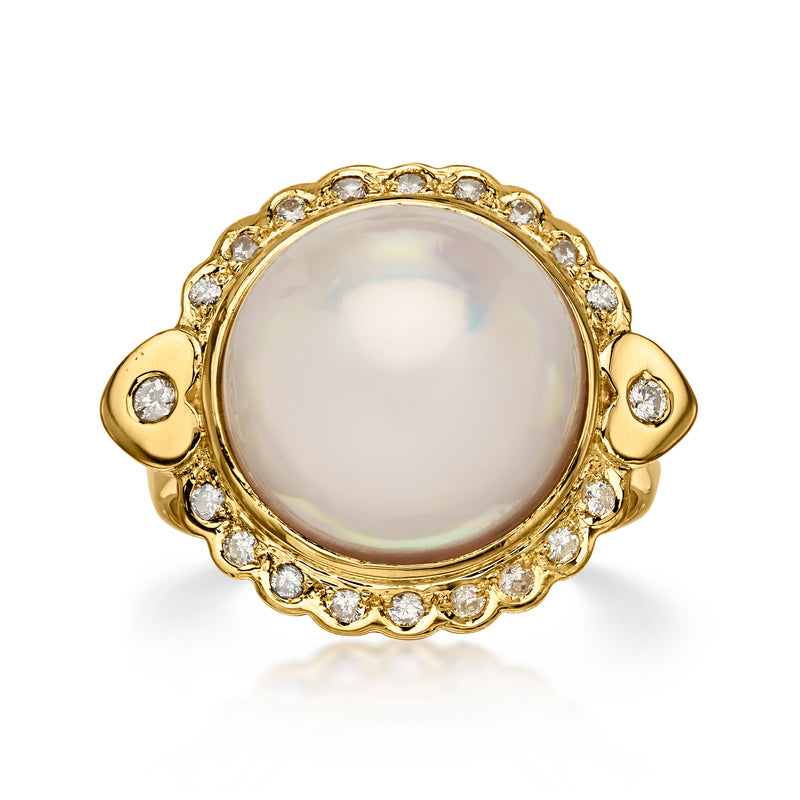 C. 1980 Vintage 13mm Cultured Mabe Pearl Ring with .32 ct. t.w. Diamonds in 18kt Yellow Gold. Size 7