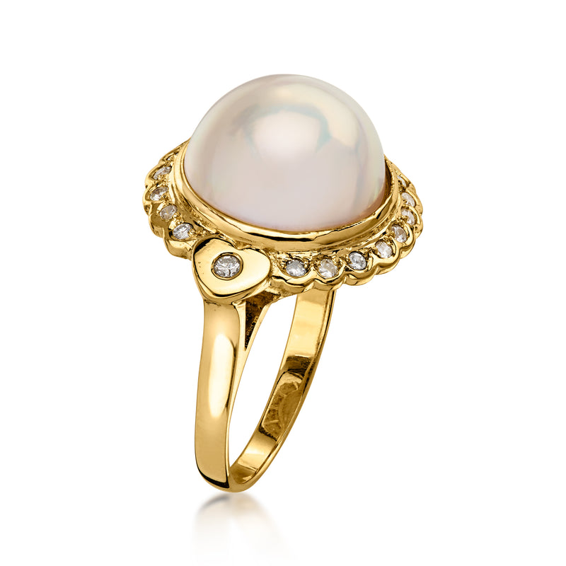 C. 1980 Vintage 13mm Cultured Mabe Pearl Ring with .32 ct. t.w. Diamonds in 18kt Yellow Gold. Size 7
