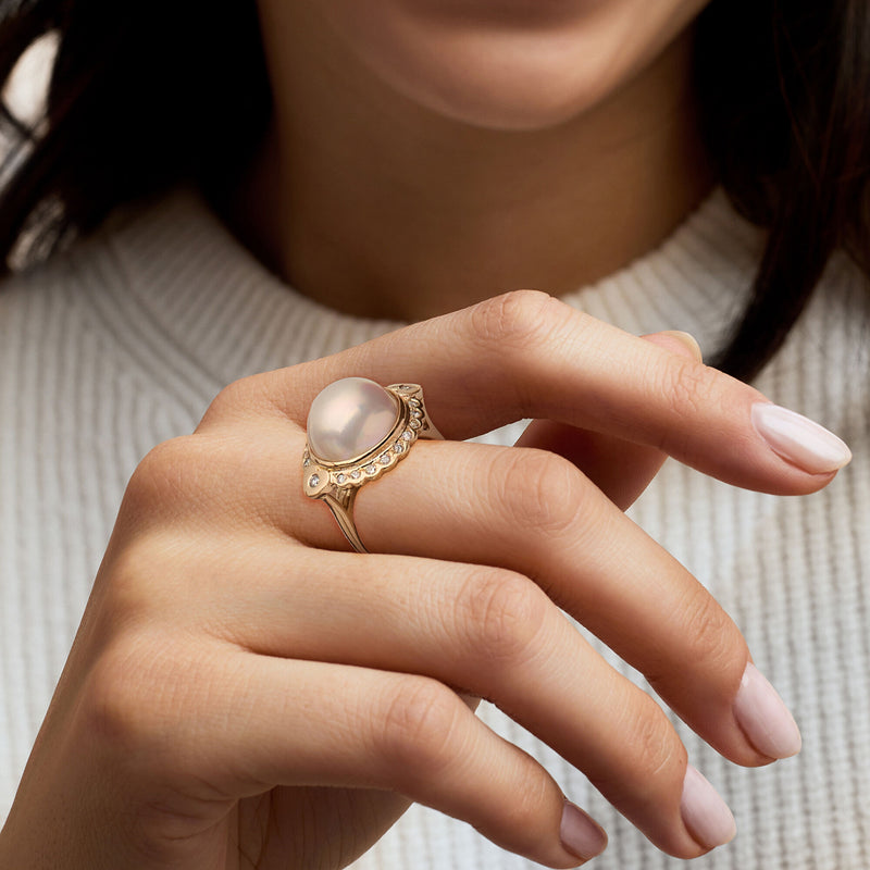 C. 1980 Vintage 13mm Cultured Mabe Pearl Ring with .32 ct. t.w. Diamonds in 18kt Yellow Gold. Size 7