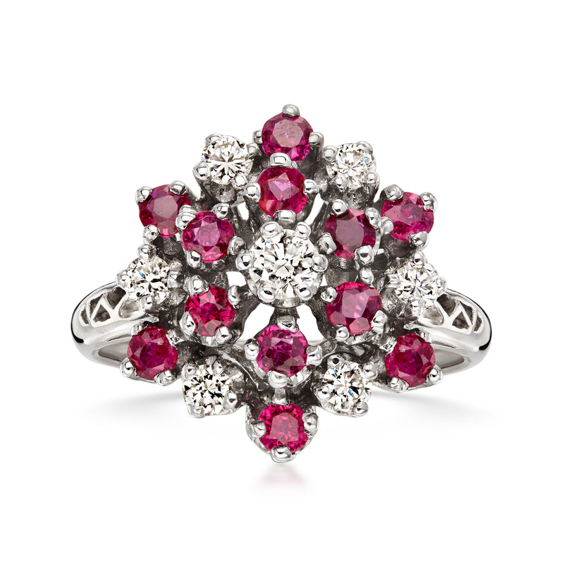 C. 1980 Vintage 1.00 ct. t.w. Ruby Cluster Ring with .45 ct. t.w. Diamonds in 14kt White Gold. Size 5.75