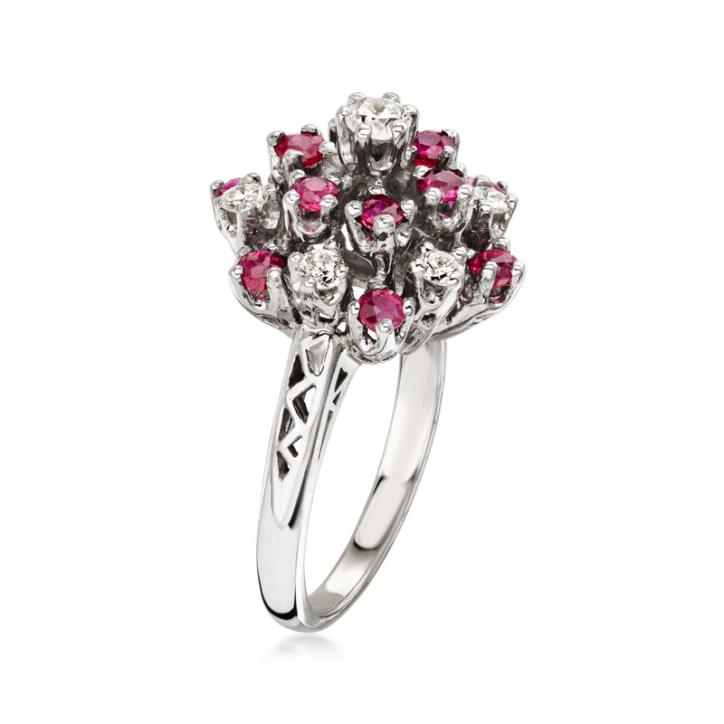 C. 1980 Vintage 1.00 ct. t.w. Ruby Cluster Ring with .45 ct. t.w. Diamonds in 14kt White Gold. Size 5.75