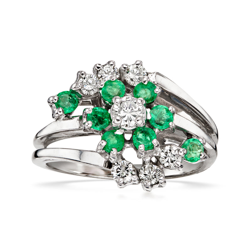 C. 1980 Vintage .55 ct. t.w. Diamond and .55 ct. t.w. Emerald Swirl Ring in 14kt White Gold. Size 7.5