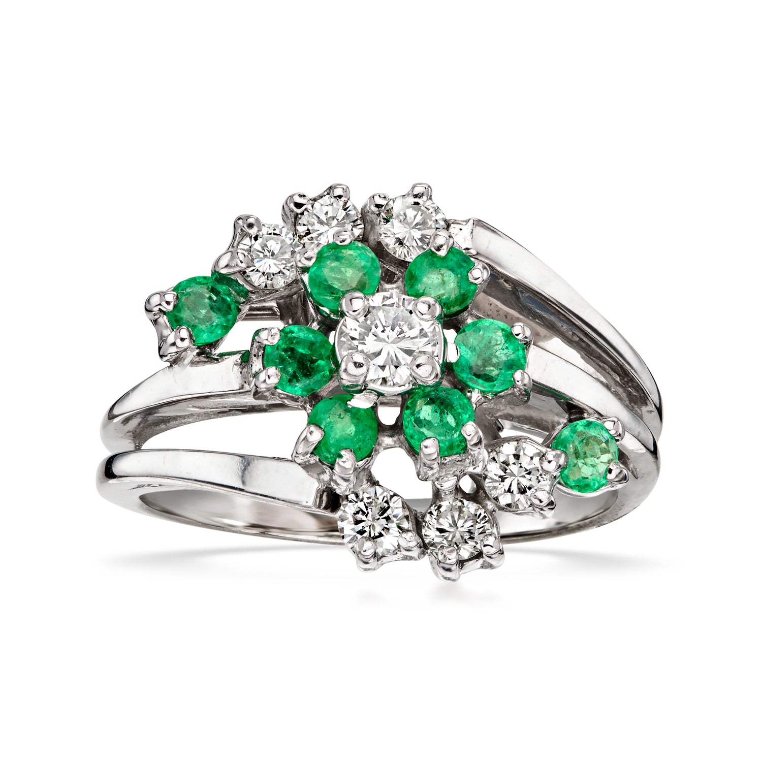 C. 1980 Vintage .55 ct. t.w. Diamond and .55 ct. t.w. Emerald Swirl Ring in 14kt White Gold