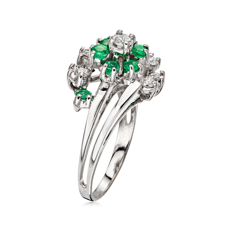 C. 1980 Vintage .55 ct. t.w. Diamond and .55 ct. t.w. Emerald Swirl Ring in 14kt White Gold. Size 7.5