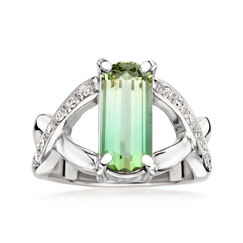 C. 1990 Vintage 2.65 Carat Green Tourmaline Ring with .18 ct. t.w. Diamonds in 18kt White Gold. Size 6.25