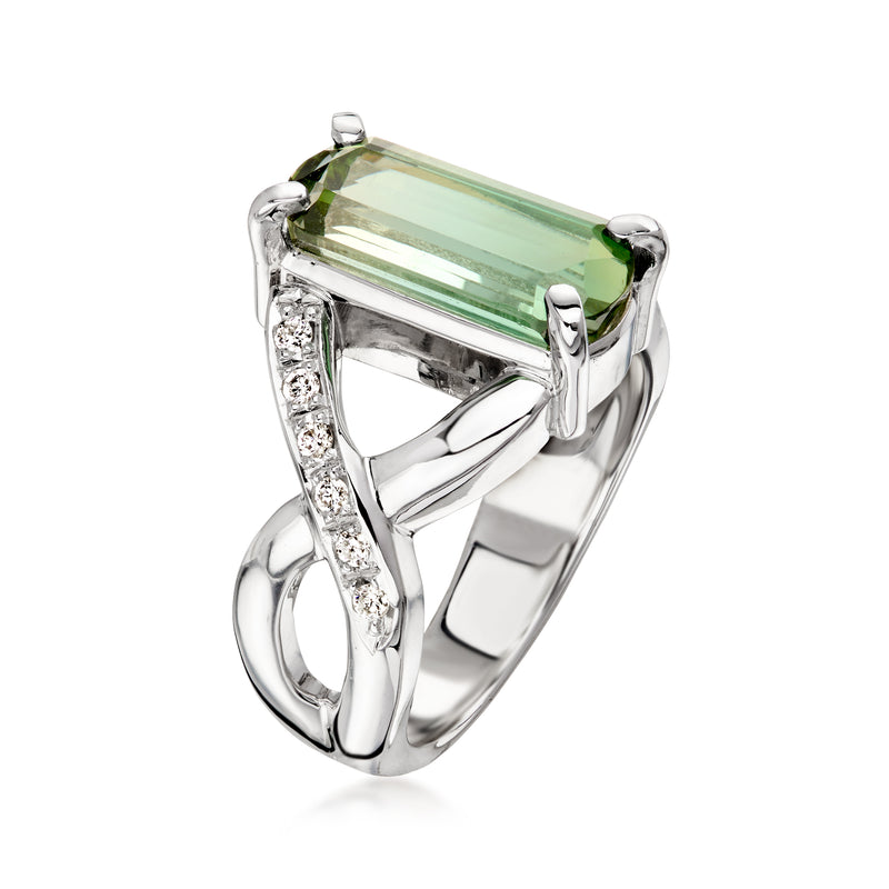 C. 1990 Vintage 2.65 Carat Green Tourmaline Ring with .18 ct. t.w. Diamonds in 18kt White Gold. Size 6.25