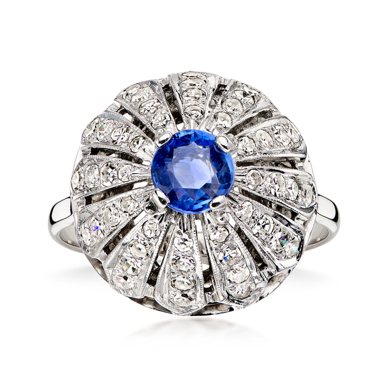 C. 1970 Vintage .75 Carat Sapphire Flower Ring with 1.15 ct. t.w. Diamonds in 14kt White Gold. Size 7.25