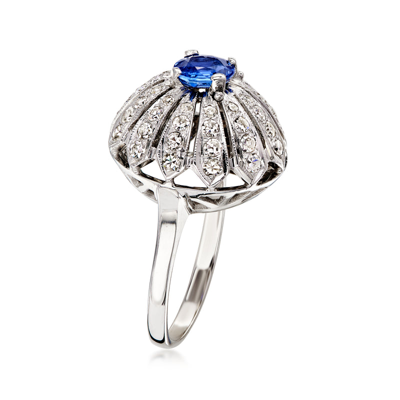 C. 1970 Vintage .75 Carat Sapphire Flower Ring with 1.15 ct. t.w. Diamonds in 14kt White Gold. Size 7.25