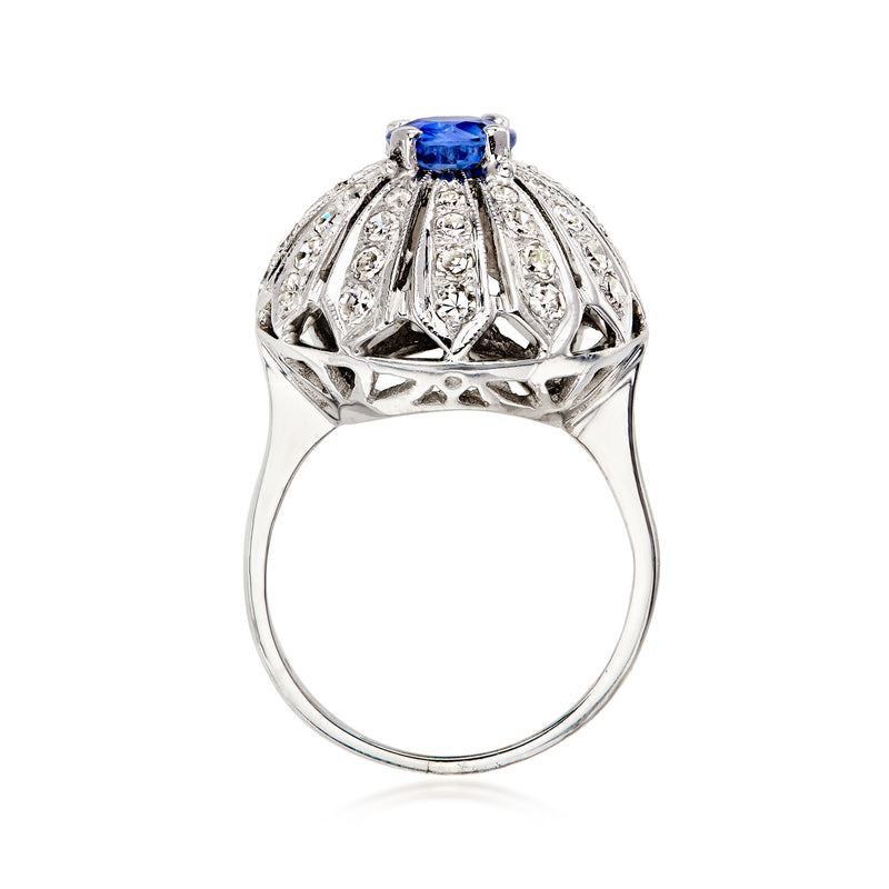 C. 1970 Vintage .75 Carat Sapphire Flower Ring with 1.15 ct. t.w. Diamonds in 14kt White Gold. Size 7.25
