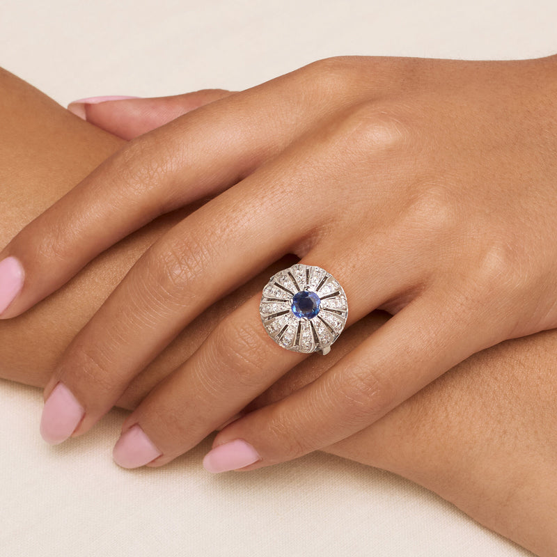 C. 1970 Vintage .75 Carat Sapphire Flower Ring with 1.15 ct. t.w. Diamonds in 14kt White Gold. Size 7.25