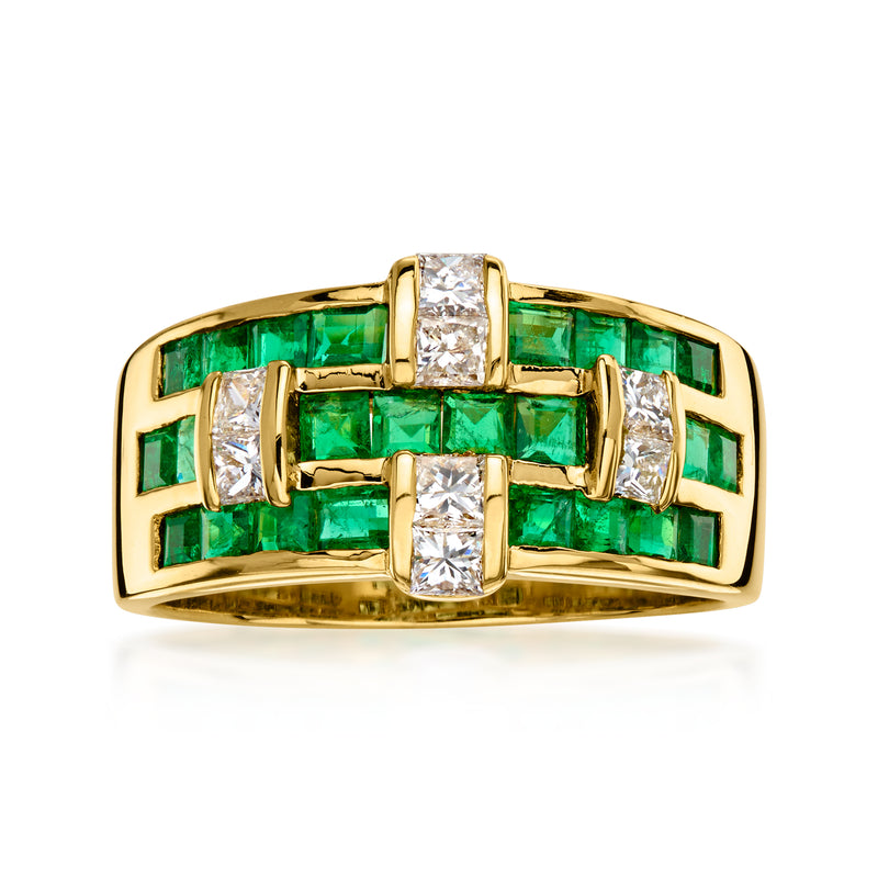 C. 1980 Vintage 1.73 ct. t.w. Emerald and 1.73 ct. t.w. Diamond Basketweave Ring in 18kt Yellow Gold. Size 7.75