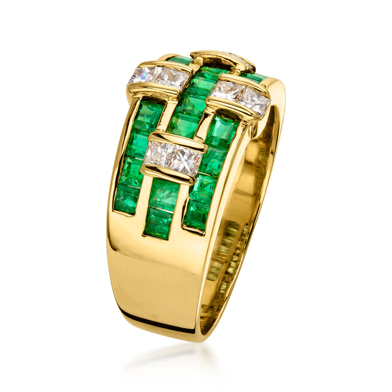 C. 1980 Vintage 1.73 ct. t.w. Emerald and 1.73 ct. t.w. Diamond Basketweave Ring in 18kt Yellow Gold. Size 7.75