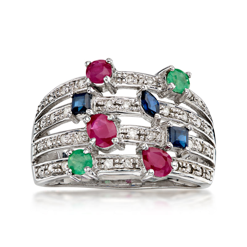 C. 1990 Vintage 1.13 ct. t.w. Multi-Gemstone Multi-Row Ring with .28 ct. t.w. Diamonds in 10kt White Gold. Size 8