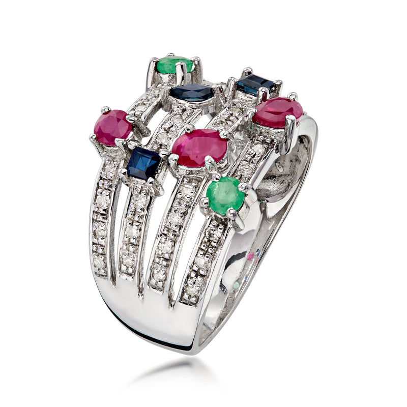 C. 1990 Vintage 1.13 ct. t.w. Multi-Gemstone Multi-Row Ring with .28 ct. t.w. Diamonds in 10kt White Gold. Size 8