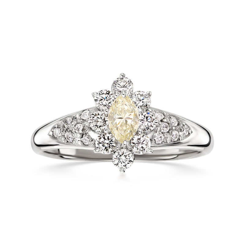 C. 2000 Vintage .45 Carat Yellow Diamond Ring with .70 ct. t.w. White Diamonds in Platinum. Size 8