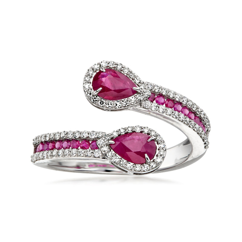 C. 2000 Vintage 1.10 ct. t.w. Ruby and .50 ct. t.w. Diamond Bypass Ring in 14kt White Gold. Size 7.25