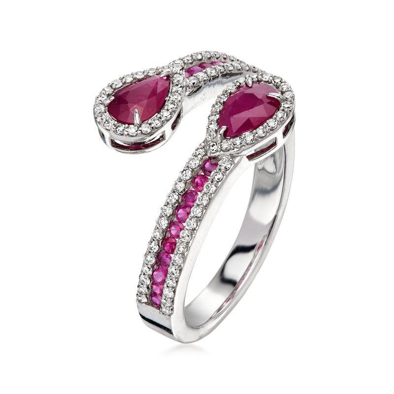 C. 2000 Vintage 1.10 ct. t.w. Ruby and .50 ct. t.w. Diamond Bypass Ring in 14kt White Gold. Size 7.25