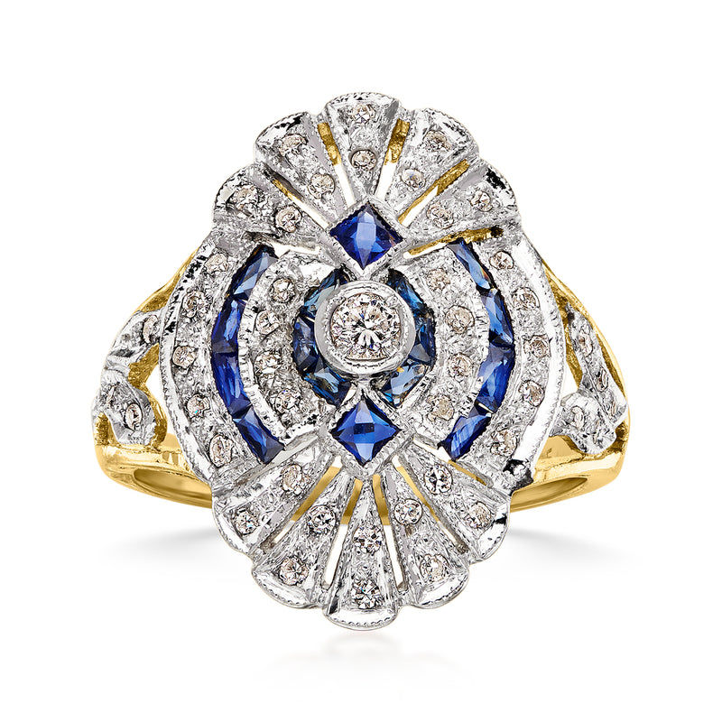 C. 1980 Vintage .55 ct. t.w. Sapphire and .50 ct. t.w. Diamond Filigree Ring in 14kt Yellow Gold. Size 7.25