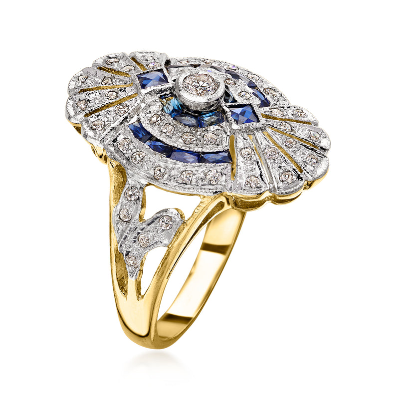 C. 1980 Vintage .55 ct. t.w. Sapphire and .50 ct. t.w. Diamond Filigree Ring in 14kt Yellow Gold. Size 7.25