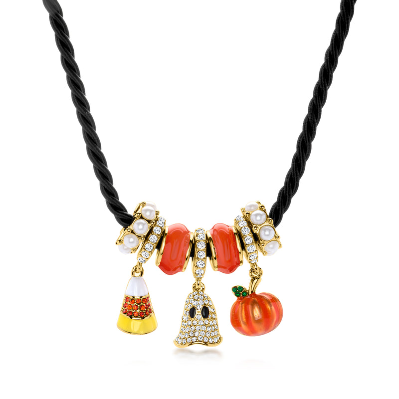 14kt Yellow Gold-Plated and Multicolored Enamel Halloween Bead Charm Necklace with Simulated Gems/Pearls and Black Cord. 18"