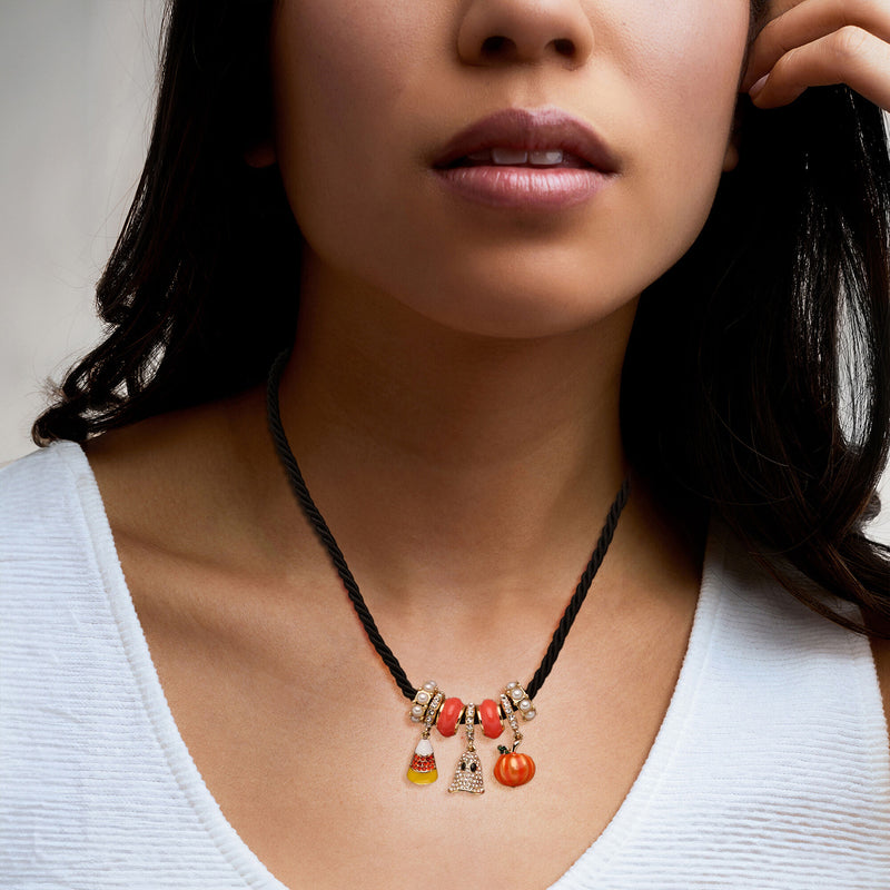 14kt Yellow Gold-Plated and Multicolored Enamel Halloween Bead Charm Necklace with Simulated Gems/Pearls and Black Cord. 18"