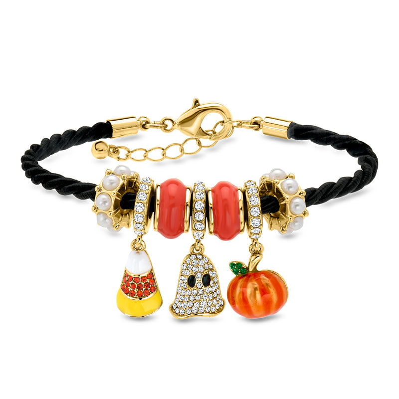 14kt Yellow Gold-Plated and Multicolored Enamel Halloween Bead Charm Bracelet with Simulated Gems/Pearls and Black Cord. 7"