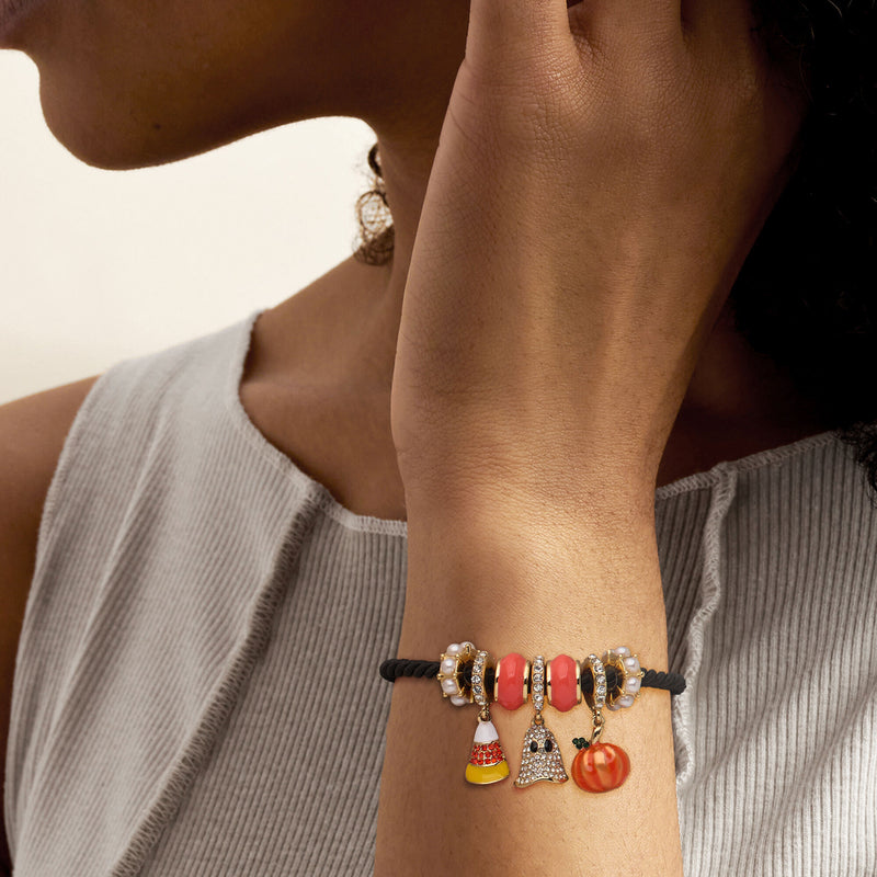 14kt Yellow Gold-Plated and Multicolored Enamel Halloween Bead Charm Bracelet with Simulated Gems/Pearls and Black Cord. 7"