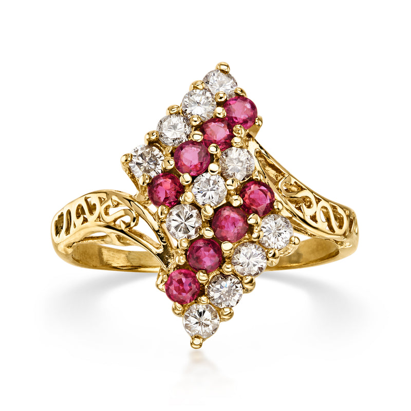 C. 1980 Vintage .65 ct. t.w. Ruby and .55 ct. t.w. Diamond Multi-Row Ring in 14kt Yellow Gold. Size 7
