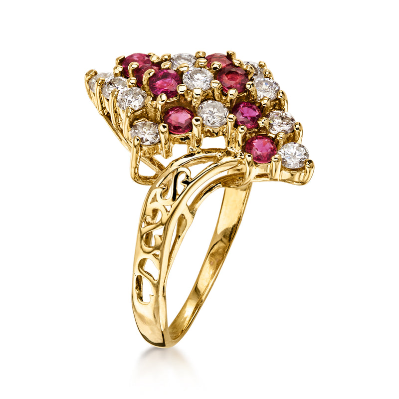 C. 1980 Vintage .65 ct. t.w. Ruby and .55 ct. t.w. Diamond Multi-Row Ring in 14kt Yellow Gold. Size 7