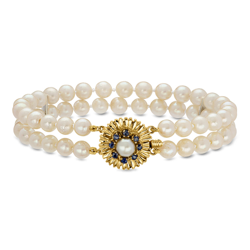 C. 1960 Vintage 5.5-6mm Cultured Pearl Two-Strand Bracelet with .16 ct. t.w. Sapphires in 14kt Yellow Gold. 7.5"