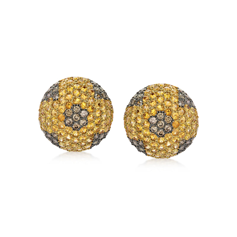 C. 1990 Vintage 6.20 ct. t.w. Yellow Sapphire and 1.55 ct. t.w. Brown Diamond Domed Earrings in 18kt White Gold