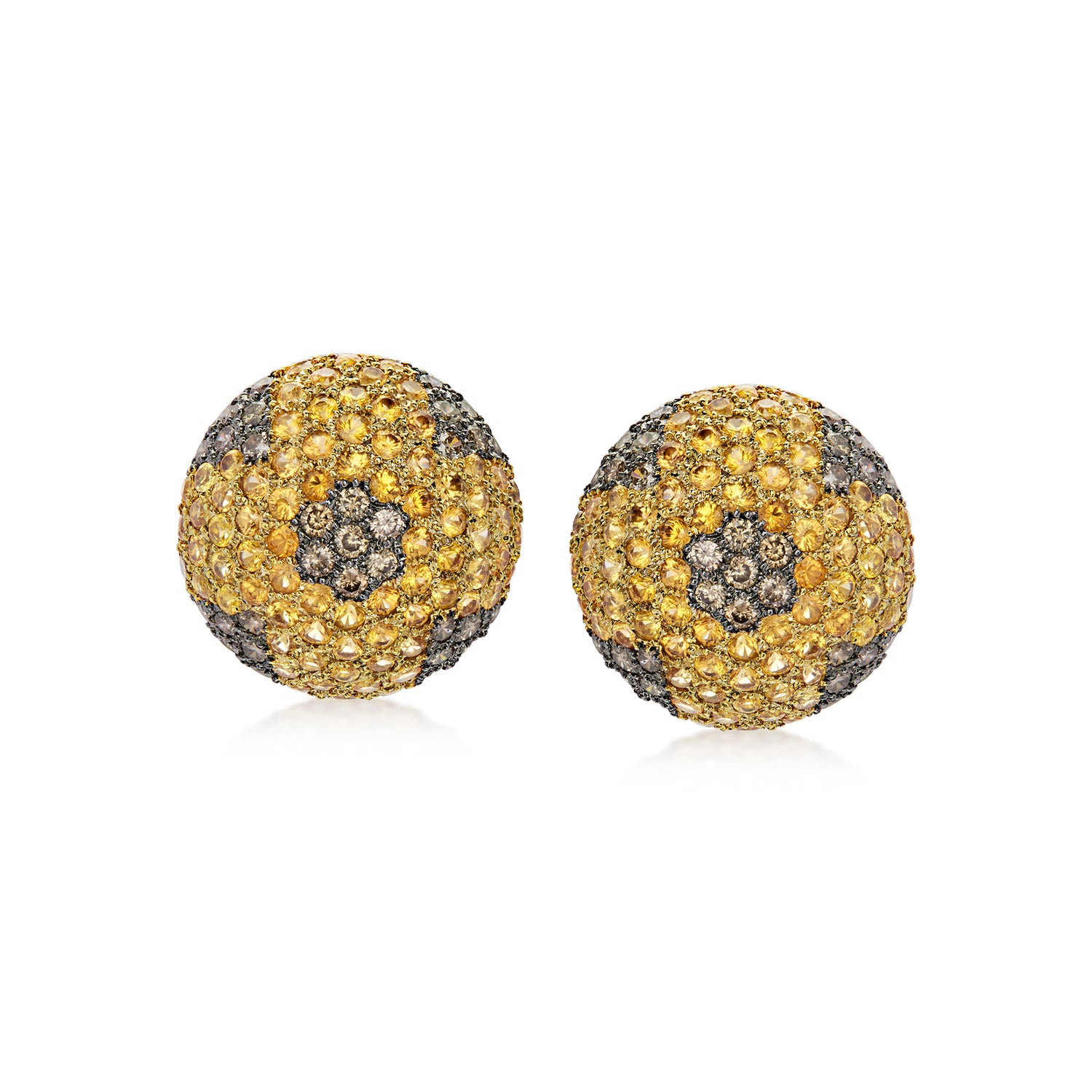 C. 1990 Vintage 6.20 ct. t.w. Yellow Sapphire and 1.55 ct. t.w. Brown Diamond Domed Earrings in 18kt White Gold